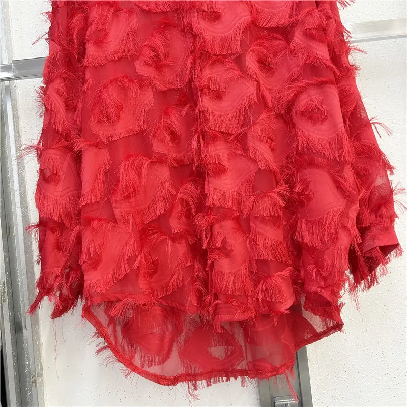 TWOTWINSTYLE Chiffon Blouses Red Christmas Tops Patchwork Feather Loose Fashion Blouse For Women
