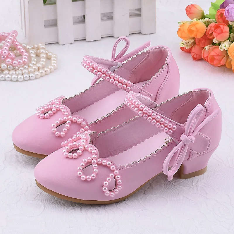  Girls high heels white leather shoes performance