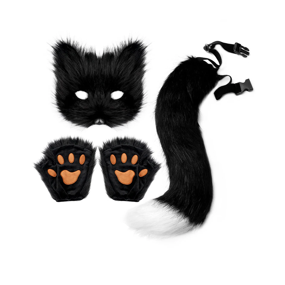 CM251 Luxury Faux Fur Fox Cat Mask Tail and Gloves Costume for Women Girls Halloween Party Wolf Cosplay