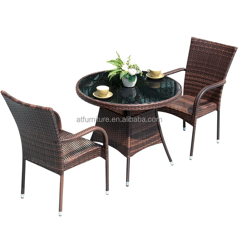 Backrest Design Rattan Table Chairs Outdoor Patio Wicker Glass Tables and Rattan Station Stacking Chairs Set