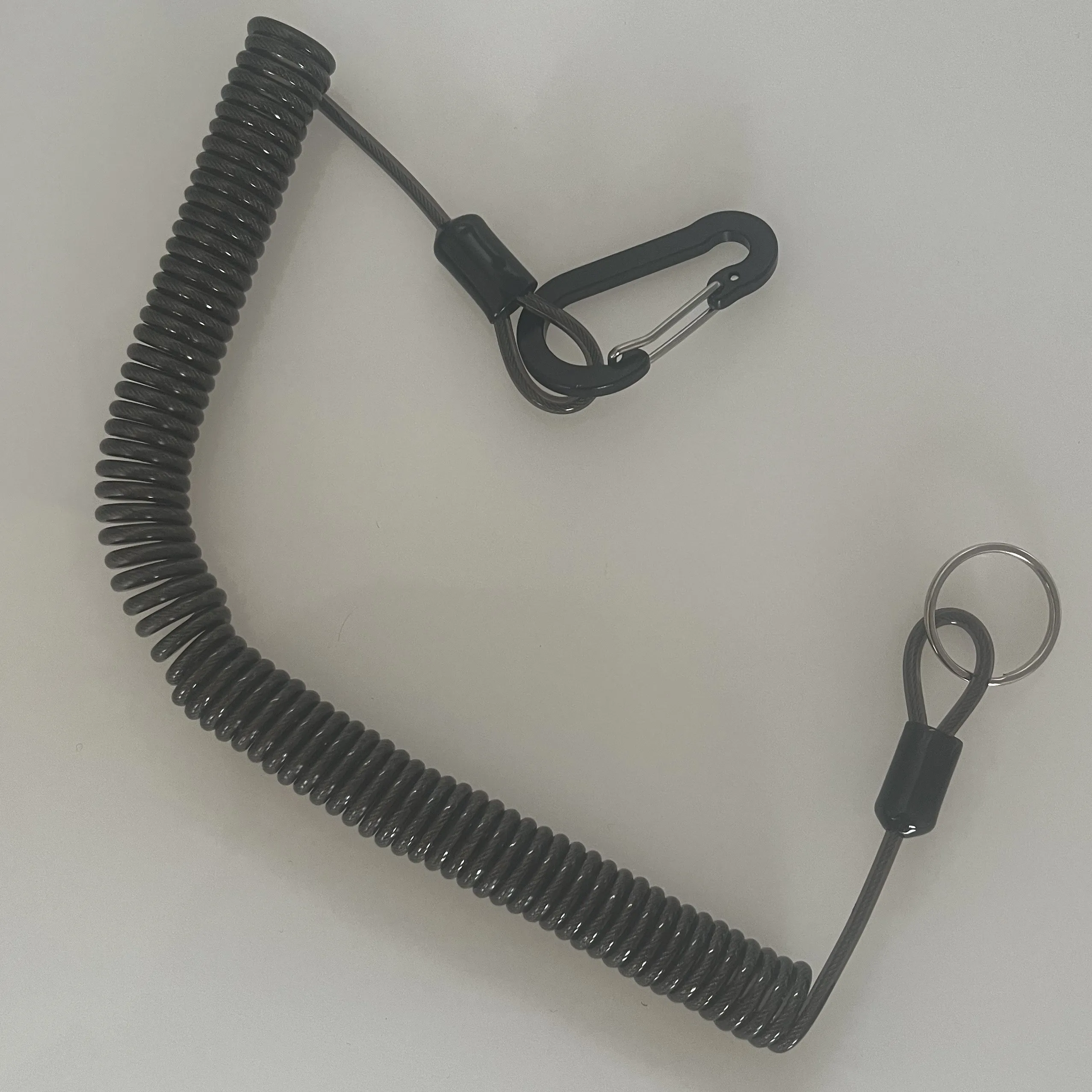 Strengthen black plastic tether coil safety fishing lanyard holding elastic spring rope with snap hook