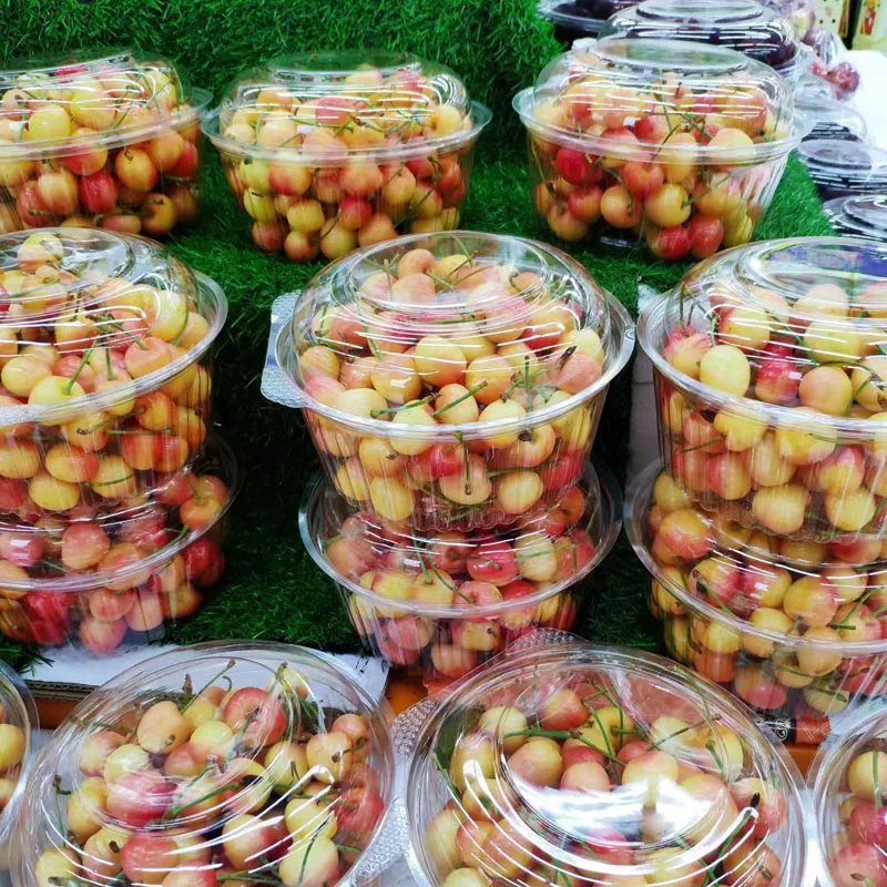 24oz 48oz Disposable Round Fruit Box Transparent Salad Bowl High-grade Plastic Fruit Container With Lid With Hole Non-hole