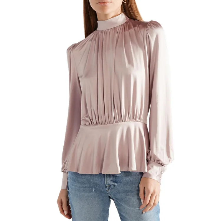 Office lady pink long sleeve silk satin ruffled women blouse