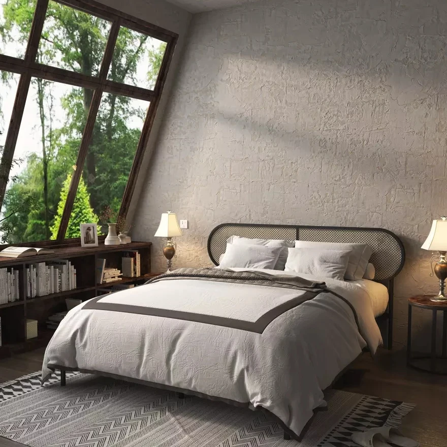 Рама для кровати из ротанга с металлической кованой платформой в современном стиле