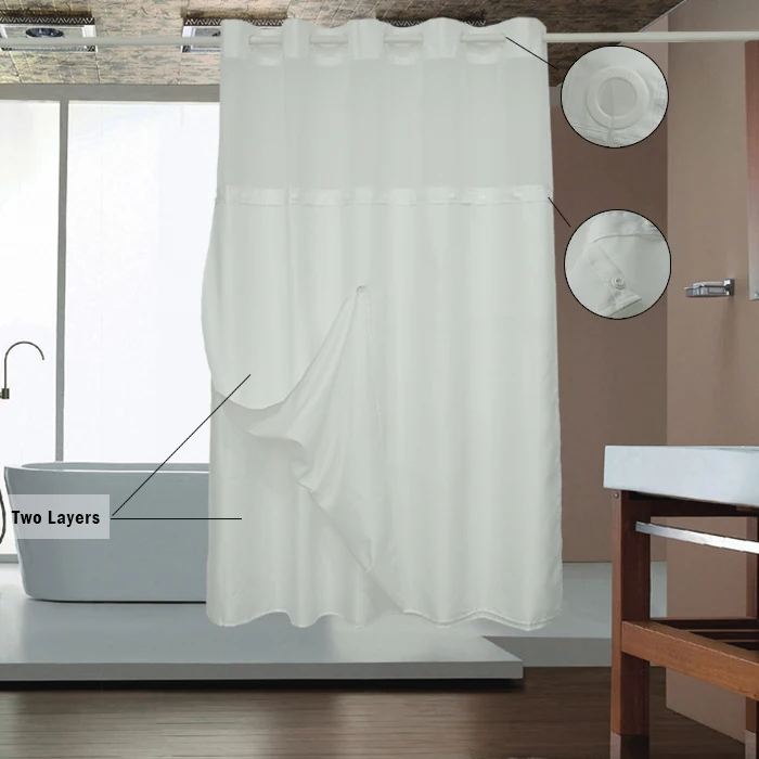 Wholesale Ready Made White Waterproof Hookless Double Layer Shower Curtains With Snap In Liner For Bathroom