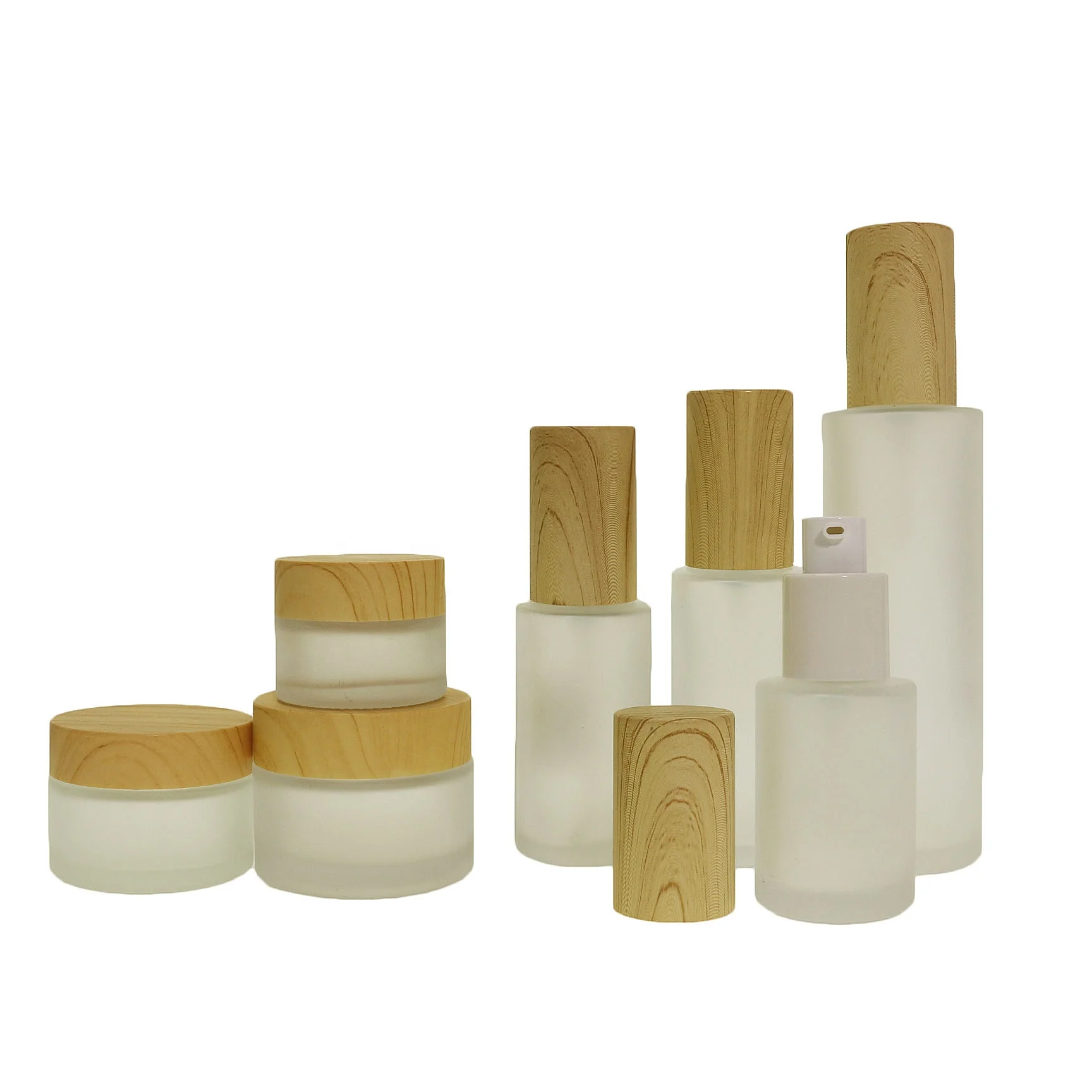Skincare cosmetic frosted glass bottle with pump lotion cream jar with plastic bamboo lid LS-10Q