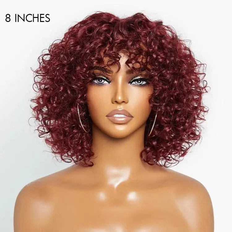 No Lace Pixie Cut Curly Human Hair Wigs With Bangs Full Machine Made Glueless Short Curly Wigs Human Hair For Black Women