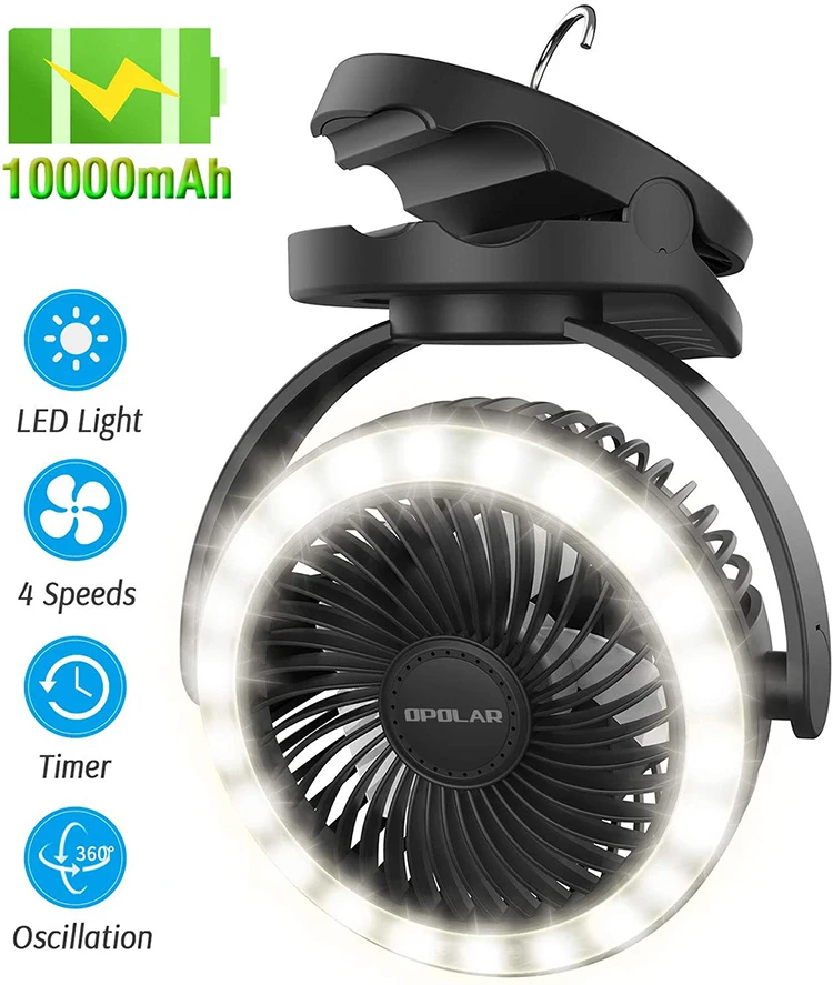 Portable Camping Fan with Hanging Hook Desk Fan LED Lamp 10000 mAh Multi Function Clip On Hook Table Fan For Outdoor Travel Camp