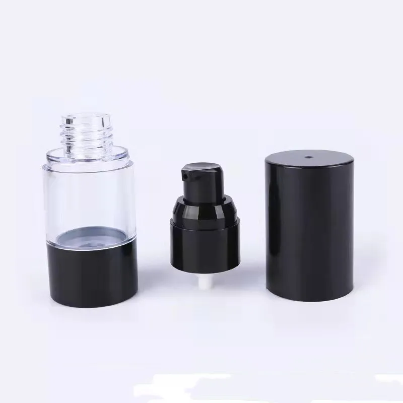 Wholesale plastic round black clear airless lotion cream bottle 1 oz 30ml airless pump bottle airless spray bottle