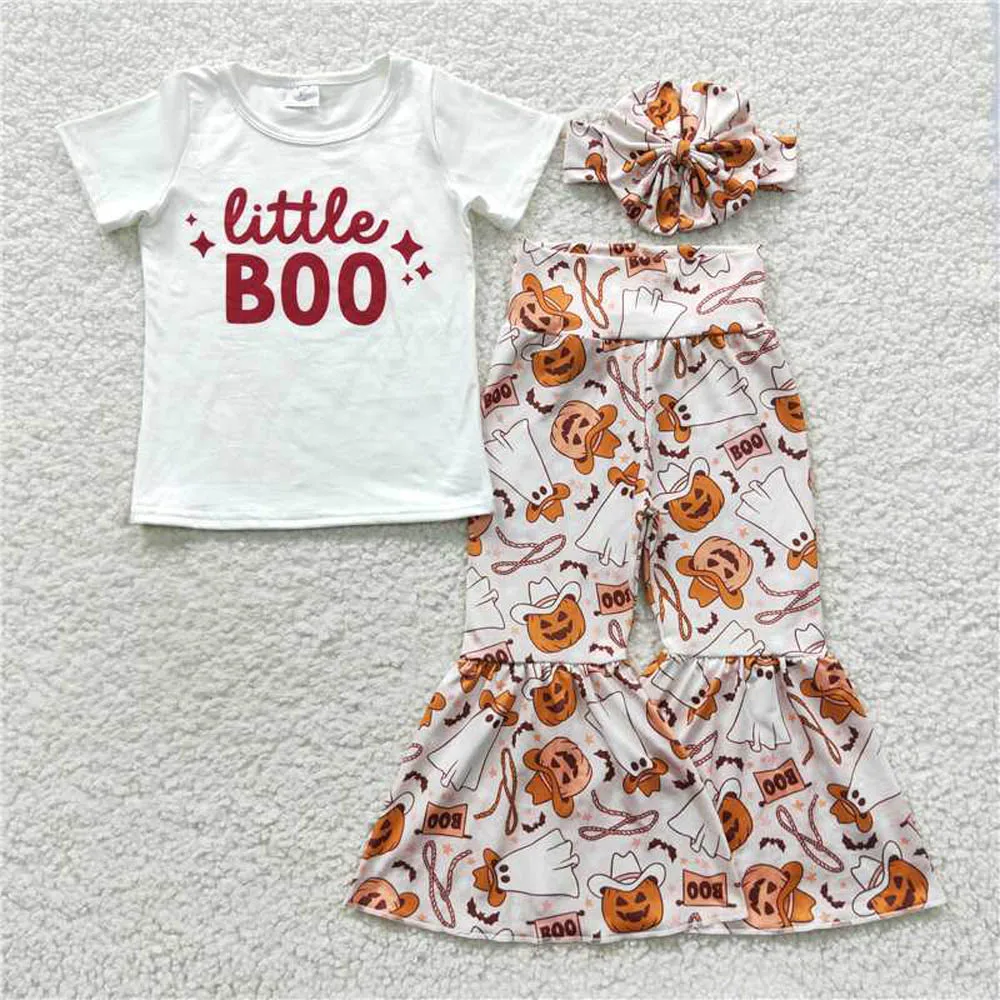 GSPO0723halloween бутик наряды для девочек маленький boo белый топ с коротким рукавом Тыква ковбой призрак из двух предметов 12-летняя девочка