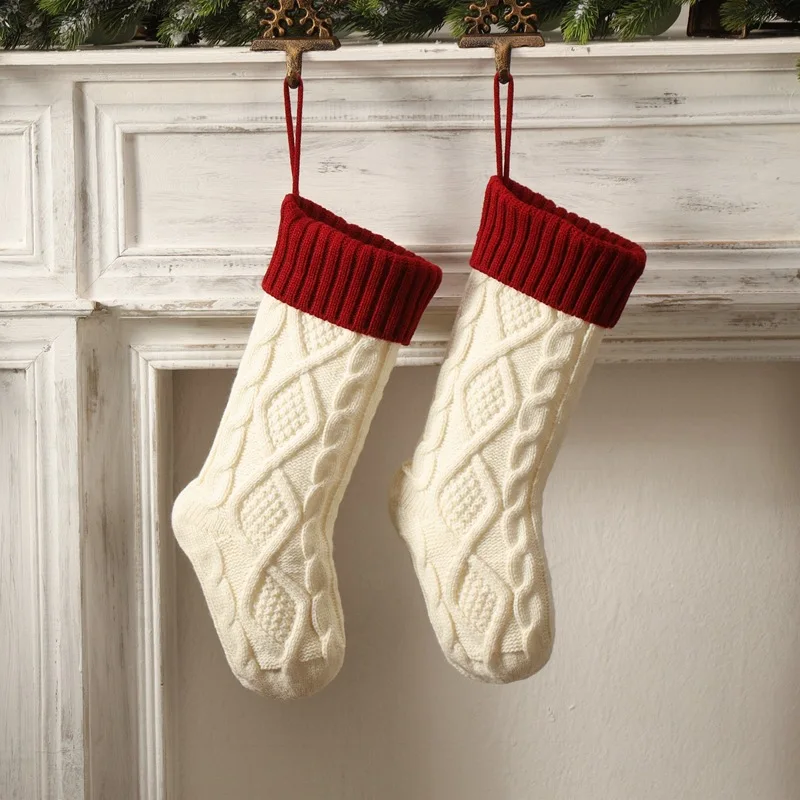 Knitted Wool Hanging Bag Upgraded Double-Sided Diamond Colour-Blocked Chunky Knit Christmas Stockings