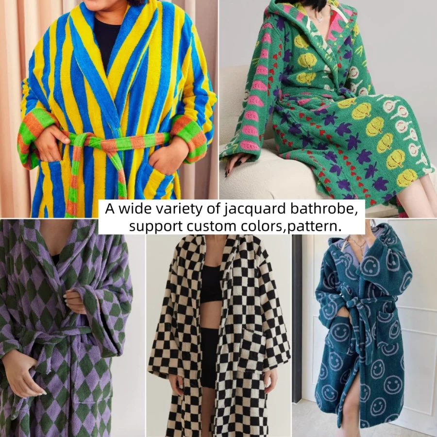 Custom pattern vintage bath robe dressing gown relief jacquard cotton terry bathrobe