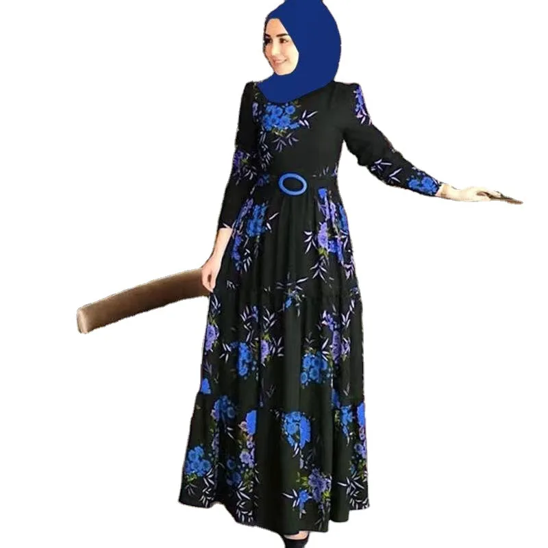 2022 wholesale  Muslim  dress abaya Long Sleeve Flower Print Women Dress    muslim prom dresses traditional muslim clothing