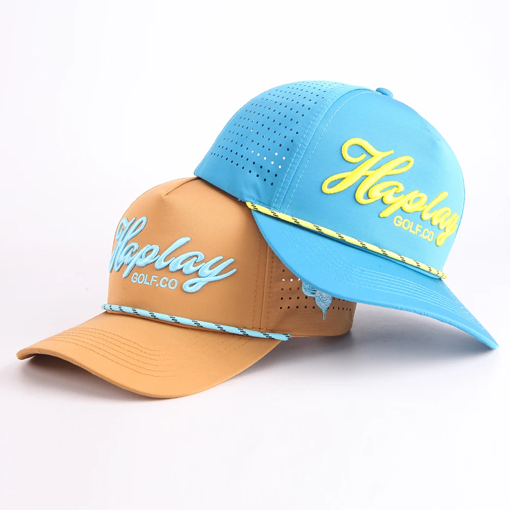 Fashion Custom 3D embroidery logo 5 Panel Waterproof Polyester Sport Golf Hat,Laser Cut Perforated Dad Gorras,Rope Baseball Cap
