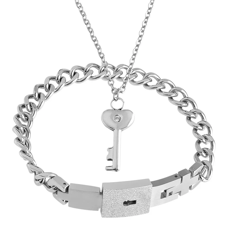 Stainless Steel Jewelry Couple Lover Heart Lock And Key Bracelet Necklace