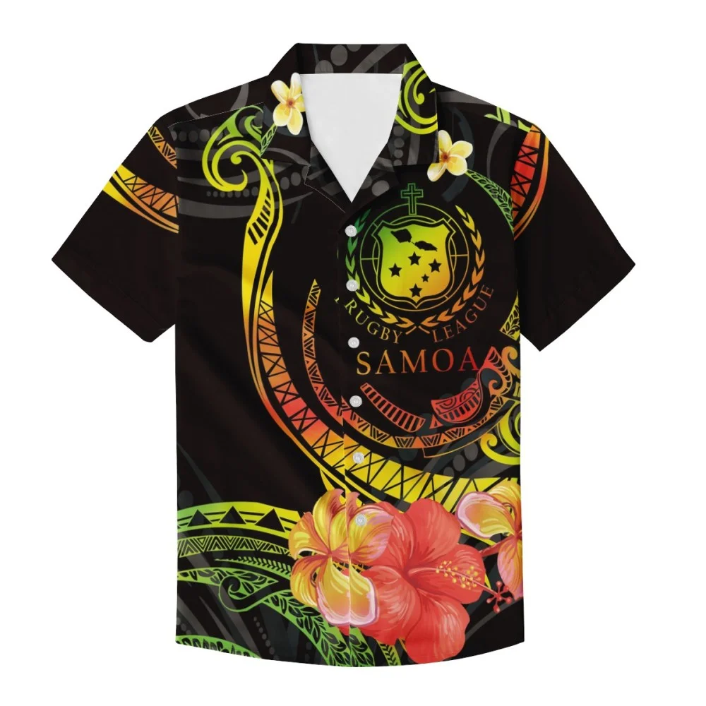 OEM custom mens vacation streetwear short sleeve camp collar over print relaxed fit shirts Rasta Polynesian Samoa Style Design