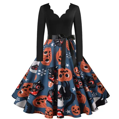Plus Size V Neck Long Sleeve Fall Dresses Halloween Skater Elegant Vintage Pumpkin Skull Flower Print Rock Evening Party Dress