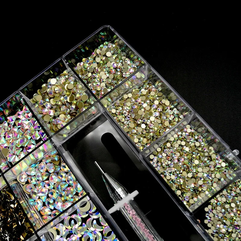 
8000pcs 21 Grid Nail Art Supplies Sticker Jewelry Box Set Shape Crystal Rhinestone Mix Design Nail Art With Wax Pen Tweezers 