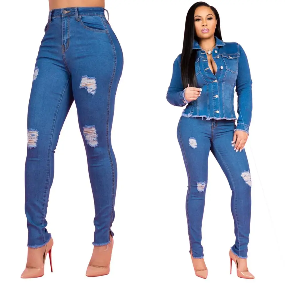 2023 Newest Hot Stretch Ripped Distressed Skinny Jeans Women Shredded Selvedge Denim Jeans