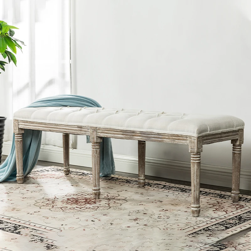 Amazon Hot Sale Vintage Beige Linen Upholstered Solid Wood Bed Shoe Seating Wooden Long Bench Stool Ottoman