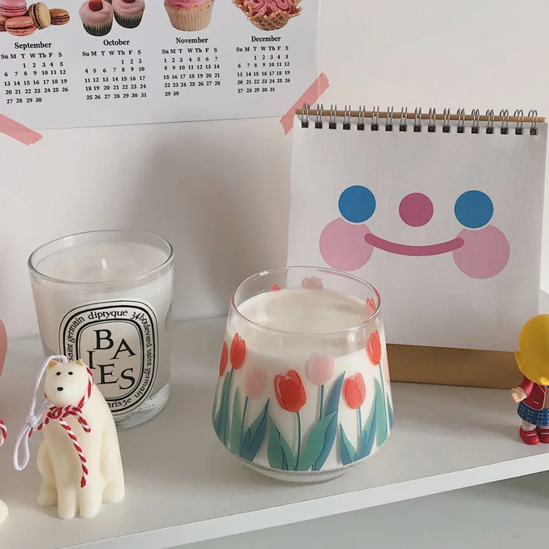 
Korea ins girl heart hand-painted tulip coffee glass water cup milk juice glass water cups 