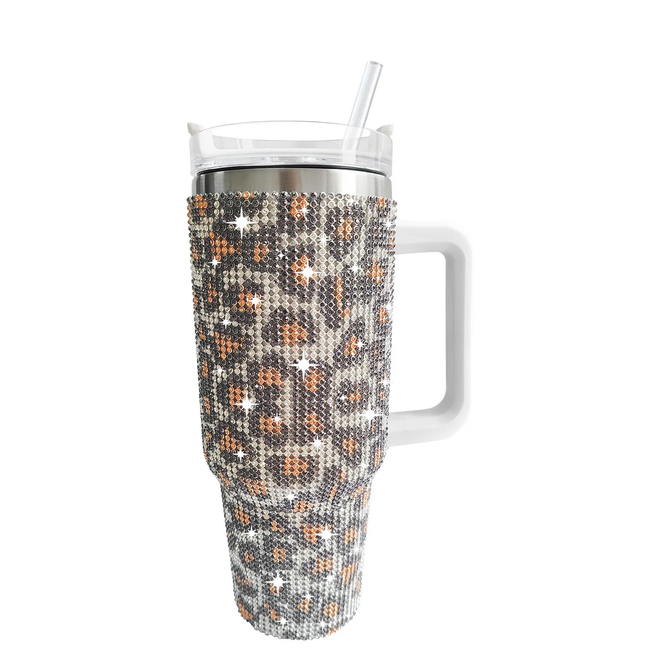 New Tiktok Amazon 40oz Diamond Stainless Steel Tumbler with Handle Custom Logo Tumbler Pattern Insulated Cups