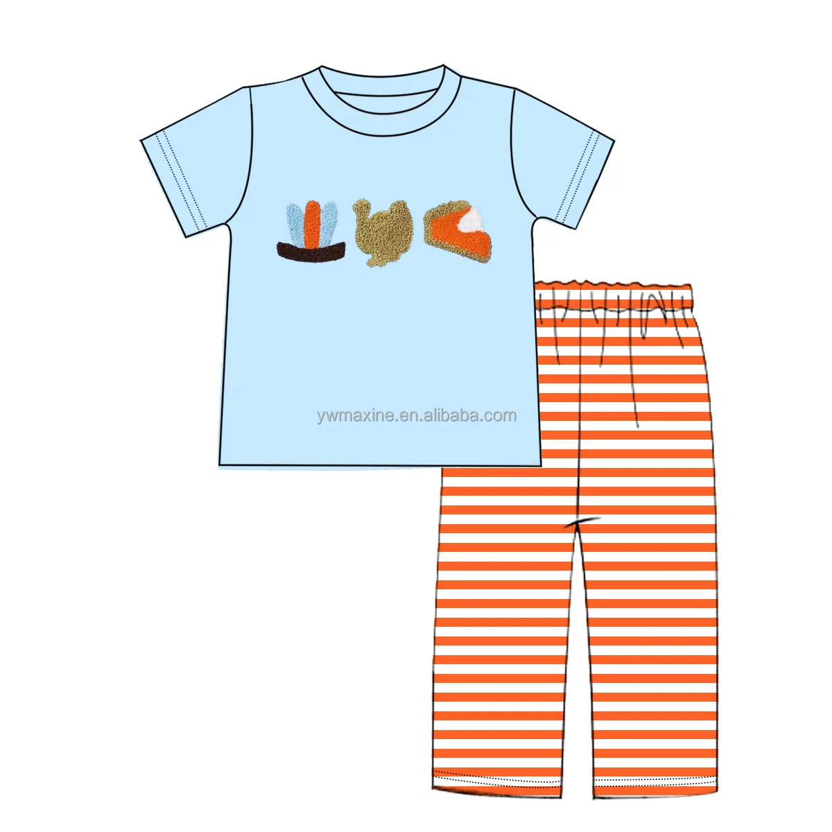 Hot Sale Thanksgiving Day Boy Clothing Fall Outfit 100% Cotton Casual Short Sleeve Striped 2pcs sets French Knot Boy Clothes