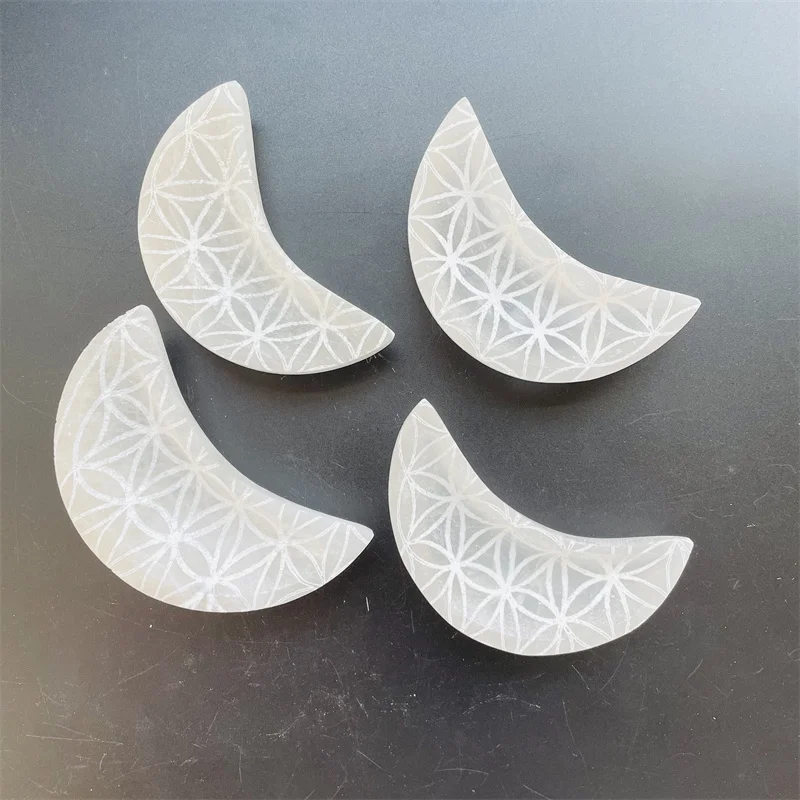 Natural Healing Gemstone Creative Flower Of Life Crystal Crafts Moon Shape Selenite Bowl  For Sale