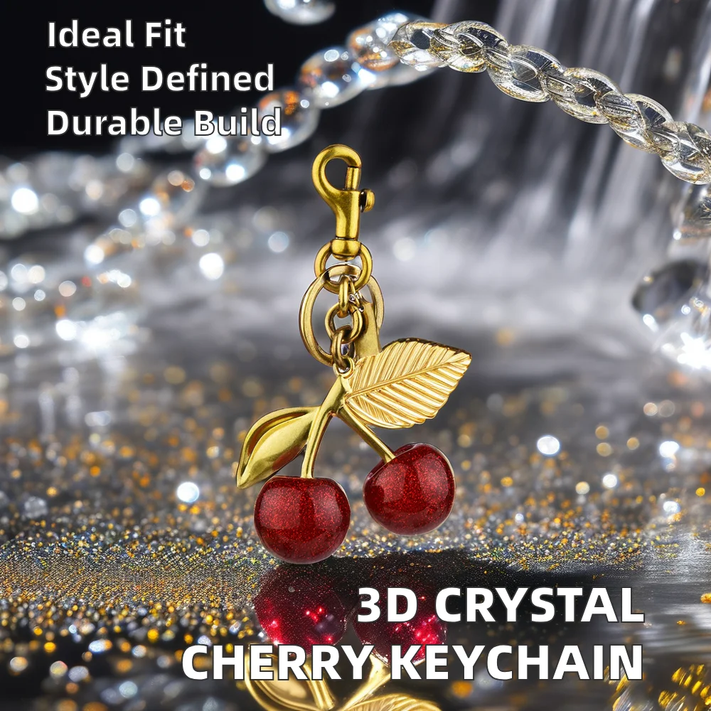 Cute Gold Cherry 3D Plastic Keychain 3D Alloy Carabiner Keyring Bag Charms for Women and Girls