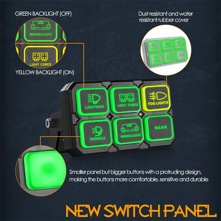 Green Backlight Push Button ON OFF Switch LED 6 Gang 12V Car Switch Panel