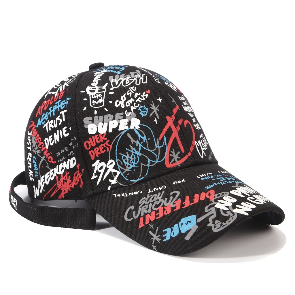 Adjustable black and white personalized custom hip Hop cotton doodle print 6 panel Snapback baseball cap with long streamers