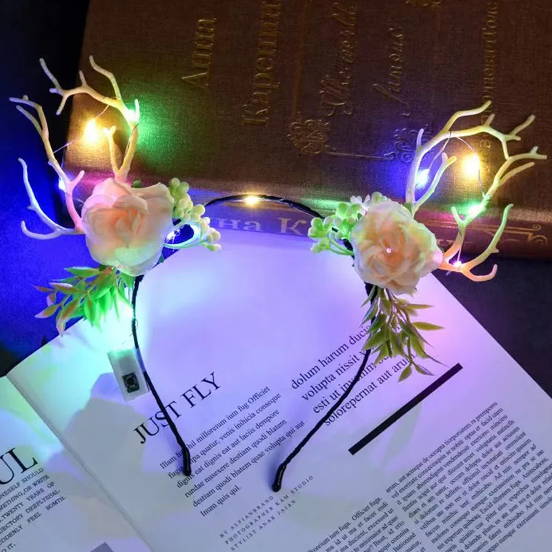 2024 Customized Reindeer Antlers Headband Deer Ear Flower Crown Hair Clip Party Luminous Hairband Gift For Wedding Birthday