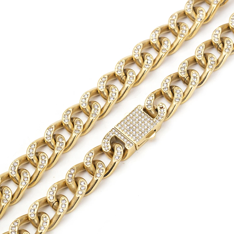European punk heavy metal hip Hop jewelry 13mm stainless steel Cuban Chain necklace set with diamond 18K gold necklace