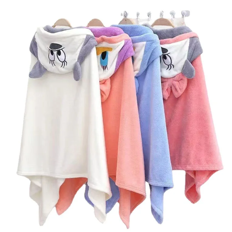 Custom coral fleece cartoon printing kids beach hooded towel poncho bath towel for kids