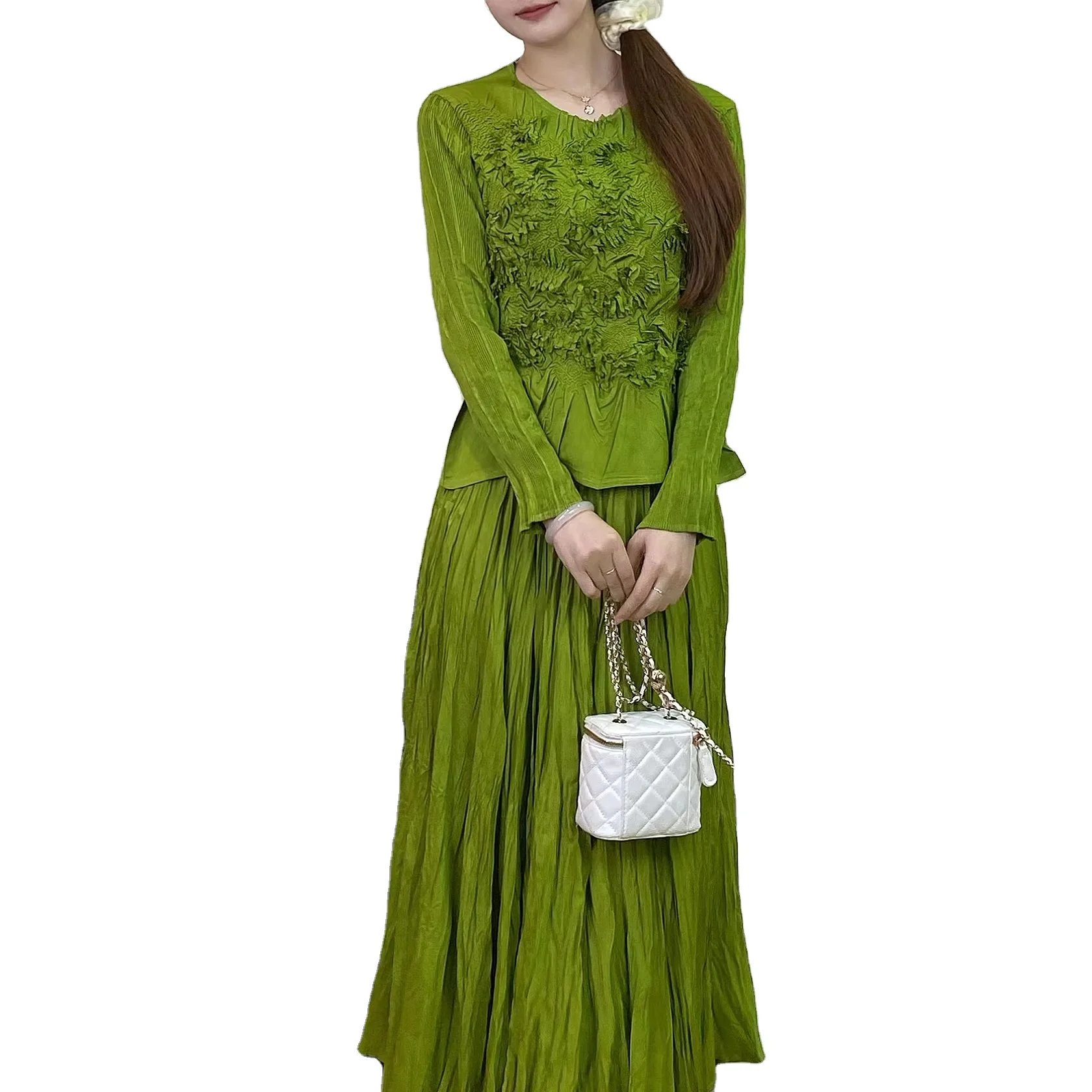 2025 Women Clothing Pleated Fabric Two Piece Set Women Clothing Shirt and Skirt Set