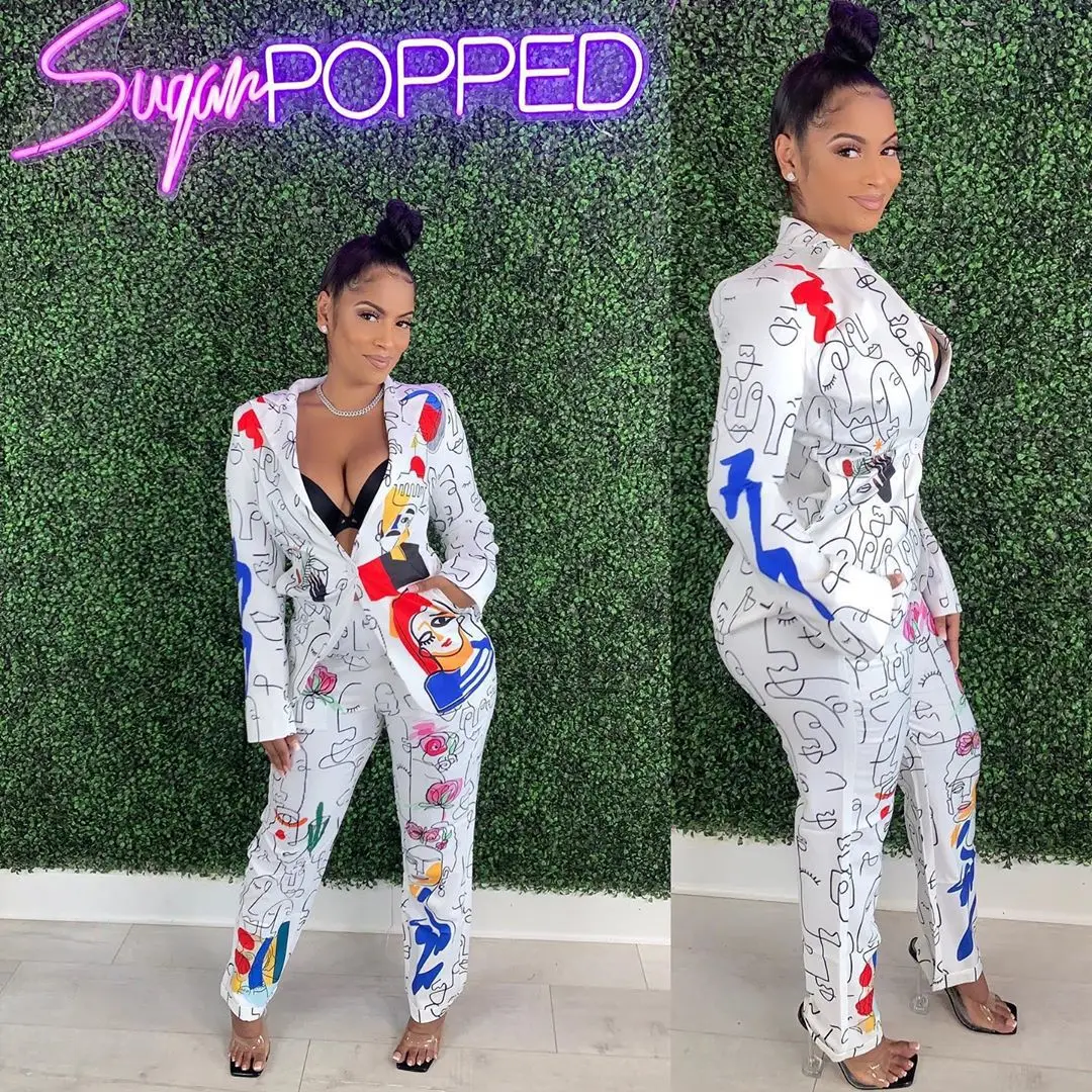 MT233-6042  Women Long Trench Coat and pants set Blazer Suit Women Cloak Floral Long tops and trousers Woman Suits Plus size 3X