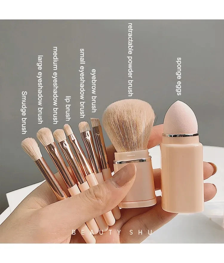 Square Makeup Brush 8-in-1 Mini Portable Retractable Blush Brush Eyeshadow Refresh Hand Makeup Set
