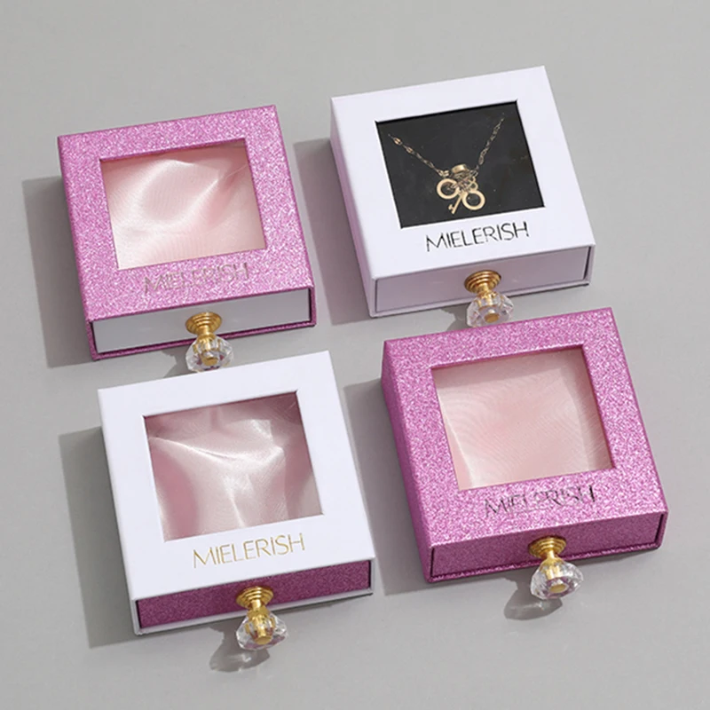 Custom Logo Jewelry Packaging Drawer Gift Box Pink Luxury with Clear Window Satin Inside Jewellery Pull Out Storage Box