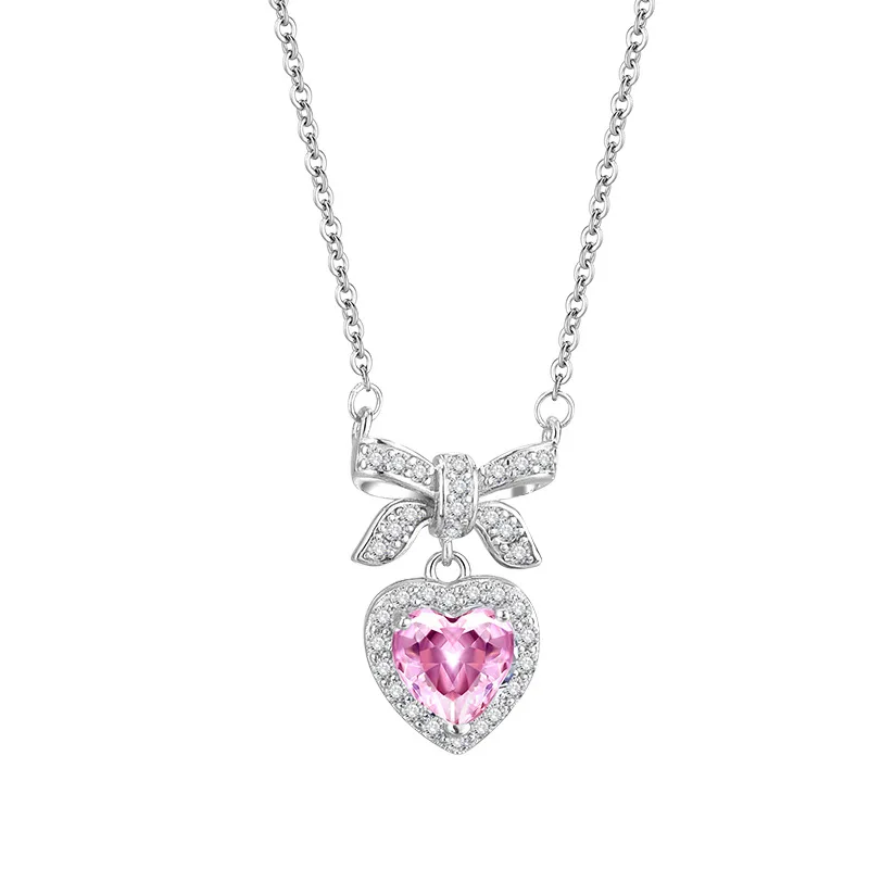 QIUHAN OEM New S925 Silver Pink Zircon Bow Tie Princess Knot Love Necklace