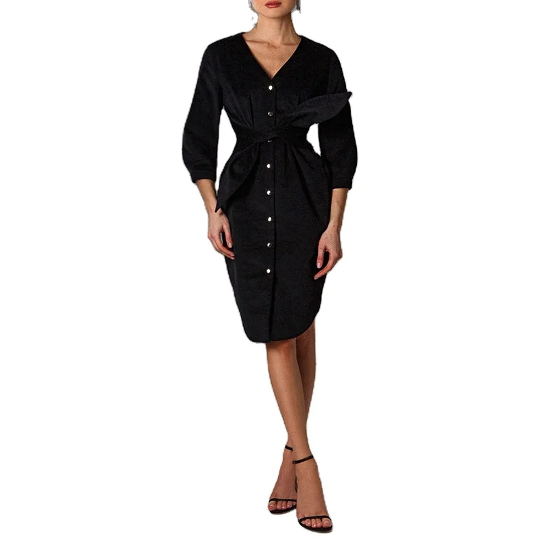 High Quality Fashion V Neck Three Quarter Sleeves Button Front Slim Fit Midi Dress For Women