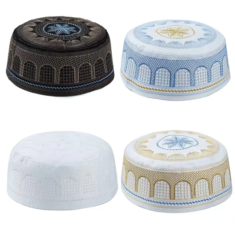 Men Muslim Prayer Kufi Hat Islamic Kufi Prayer Hat Headwear Cap with Embroidery Turkish Arabian Beanie Cap Sun Hat Eid Gift
