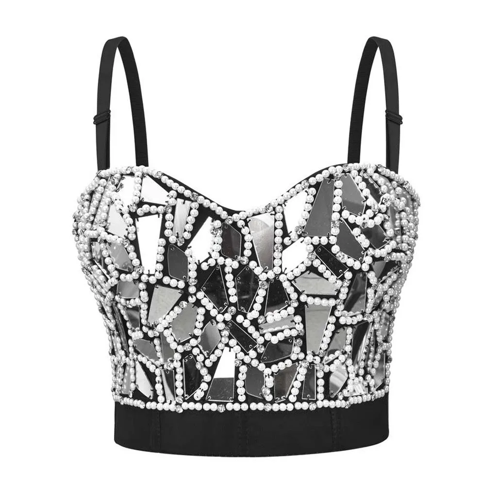 Low MOQ Sleeveless Sexy Nightclub Party Rhinestone Sequins Corset Top Crop Tops Women shapers