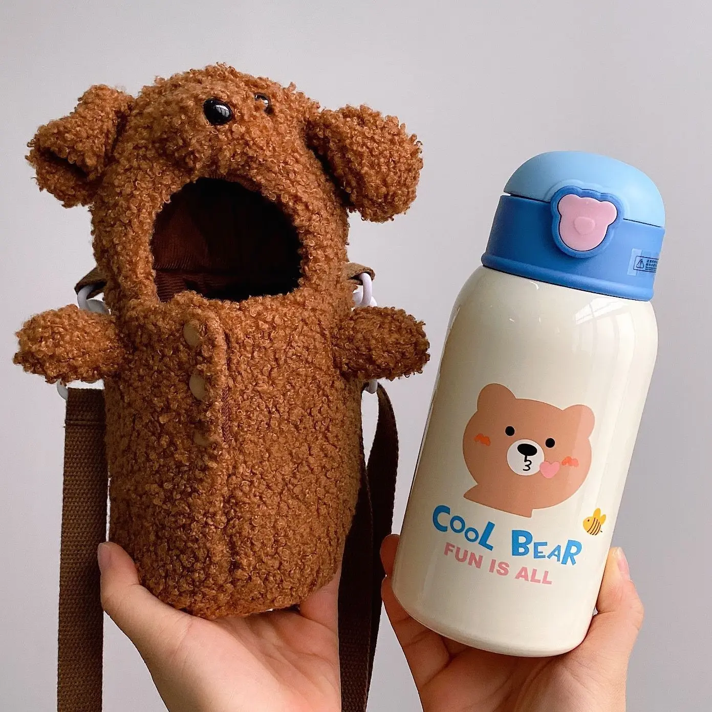 Cute Cartoon Stainless Steel Kids Water Bottle with Plush Sleeve
