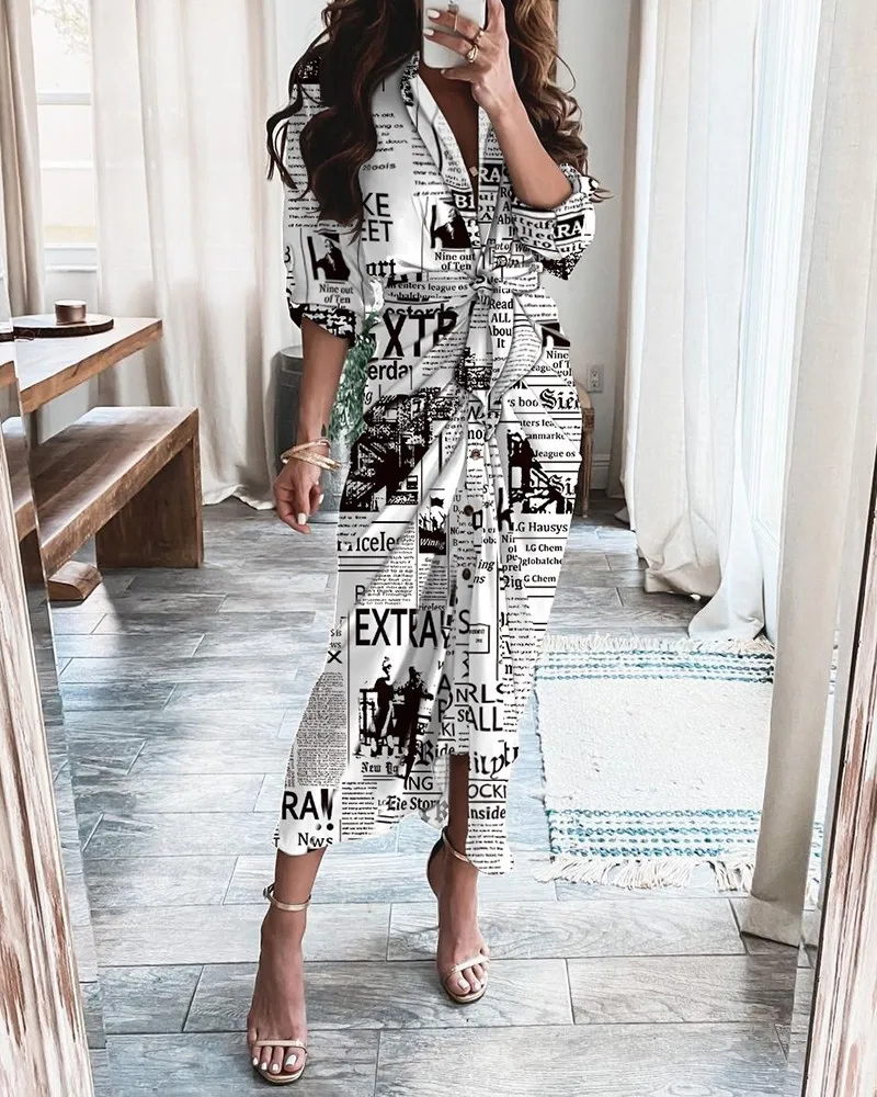 Spring Autumn Summer New Women Button Long Casual Dress Floral Printed Shirt Maxi Dress