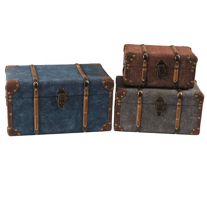 
Hot Selling Antique Rectangle Wooden Base Pu Set of 3 Storage Trunk 