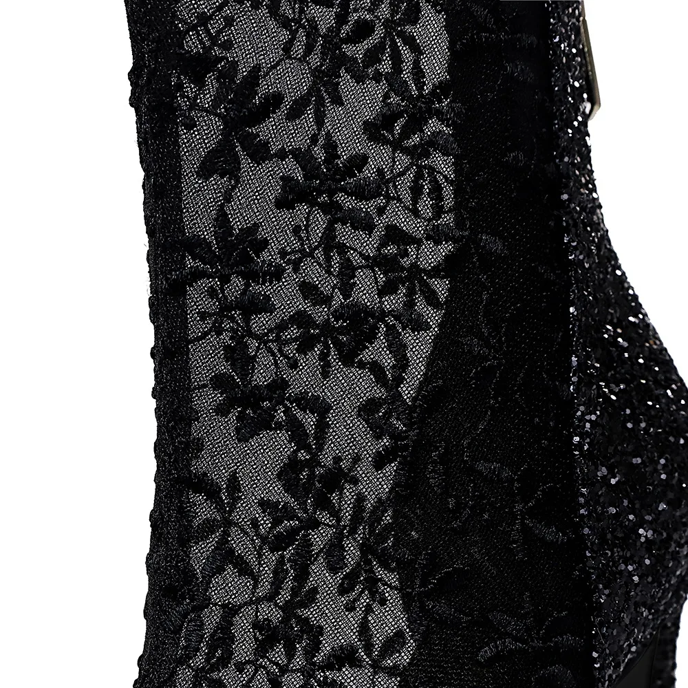 316-3 BIGTREE Fashionable stiletto boots for women Sequin lace is sexy Transparent mesh ankle boots New ankle boots for 2020