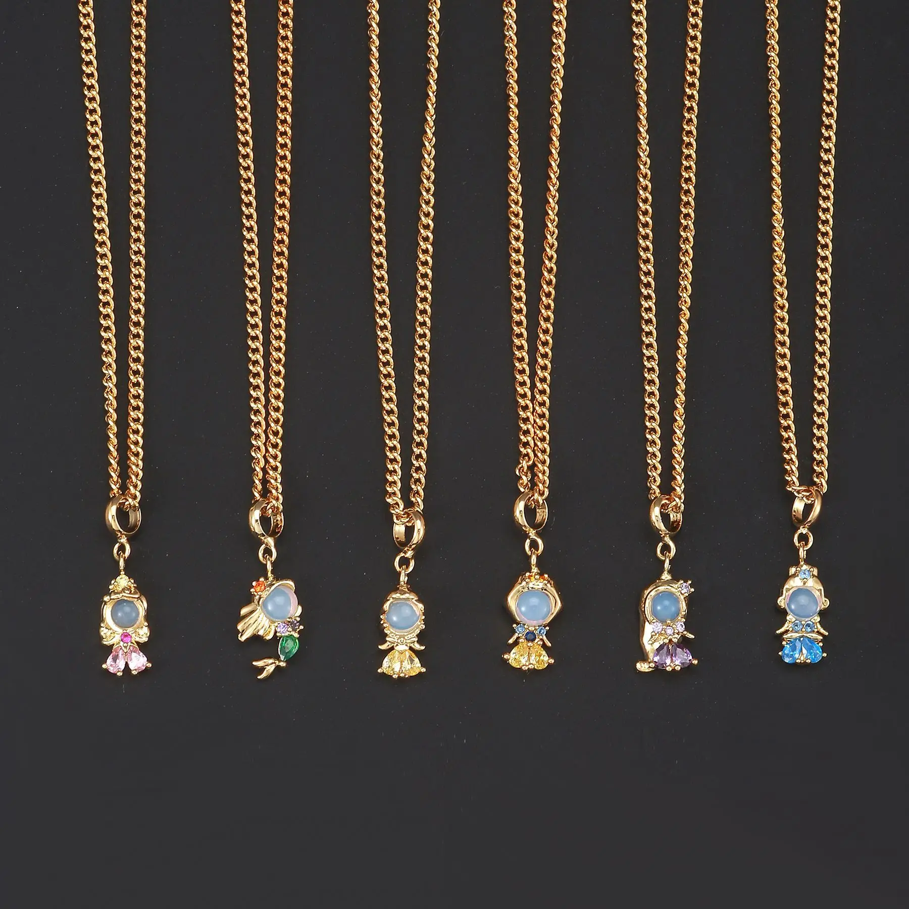 New Women Female Copper Color Zircon Cartoon Princess Pendant Necklace Fashion Mermaid Real Gold Plated Cuban Chain Necklace