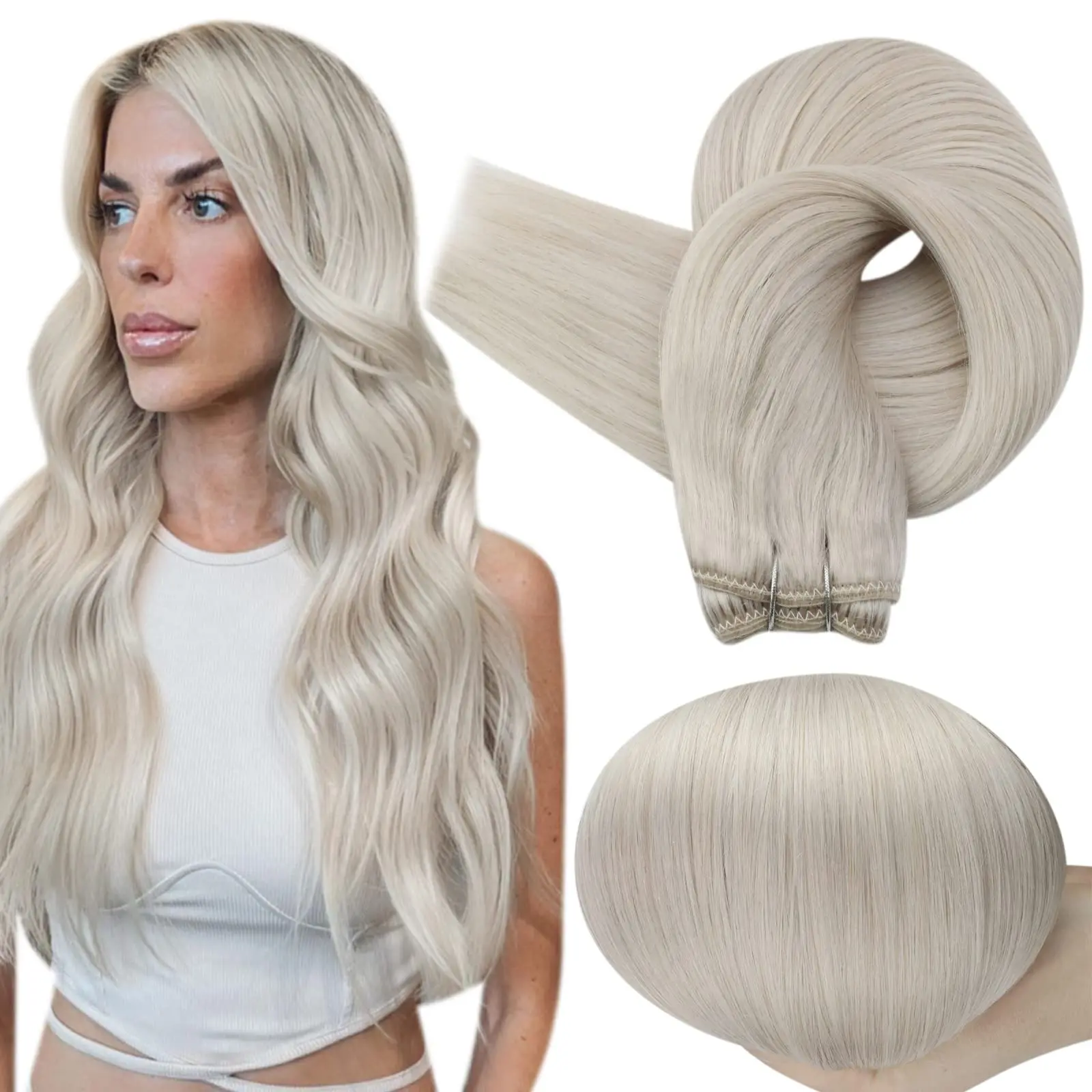 Invisible Sewn In Machine Weft Extensions 20 22 24 26 Inches Double Drawn White Blonde Remy  Weft Hair Extensions