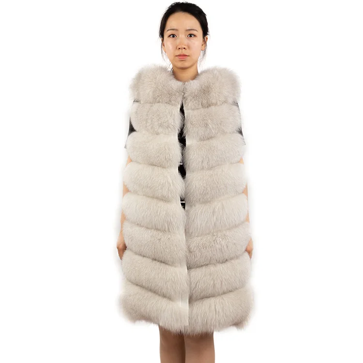 wholesale winter warm fluffy  90cm long dyed color girls fur gilet custom grey black beige pink real fox fur vest for women