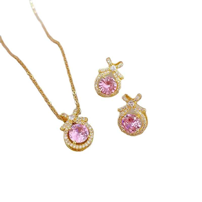 Fine Jewelry Set 18k Gold Plated Stainless Steel CZ Bowknot Pink Round Cut Zircon Pendant Necklace Earring Jewelry Gift